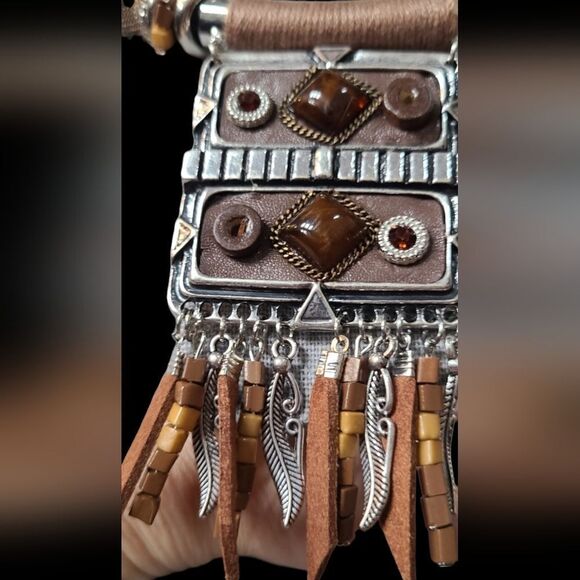 PARIS Necklace Ethnic Tribal Statement Solid Reversible Brown & Silver … - Picture 7 of 13